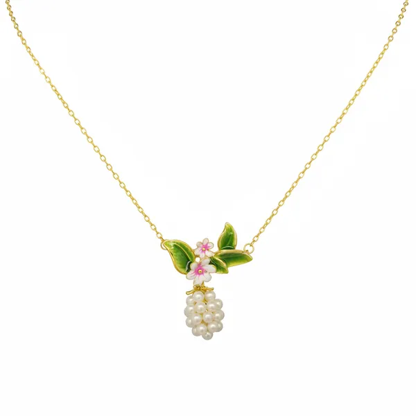 Gold_Plated_Brass_Enamel_Floral_Leaf_Pearl_Cluster_Pendant_Necklace_For_Women